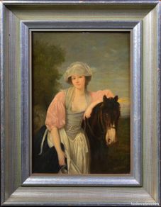 Arte: Mid 19th Century After Greuze Portrait of Milkmaid Oil Painting on Panel Framed